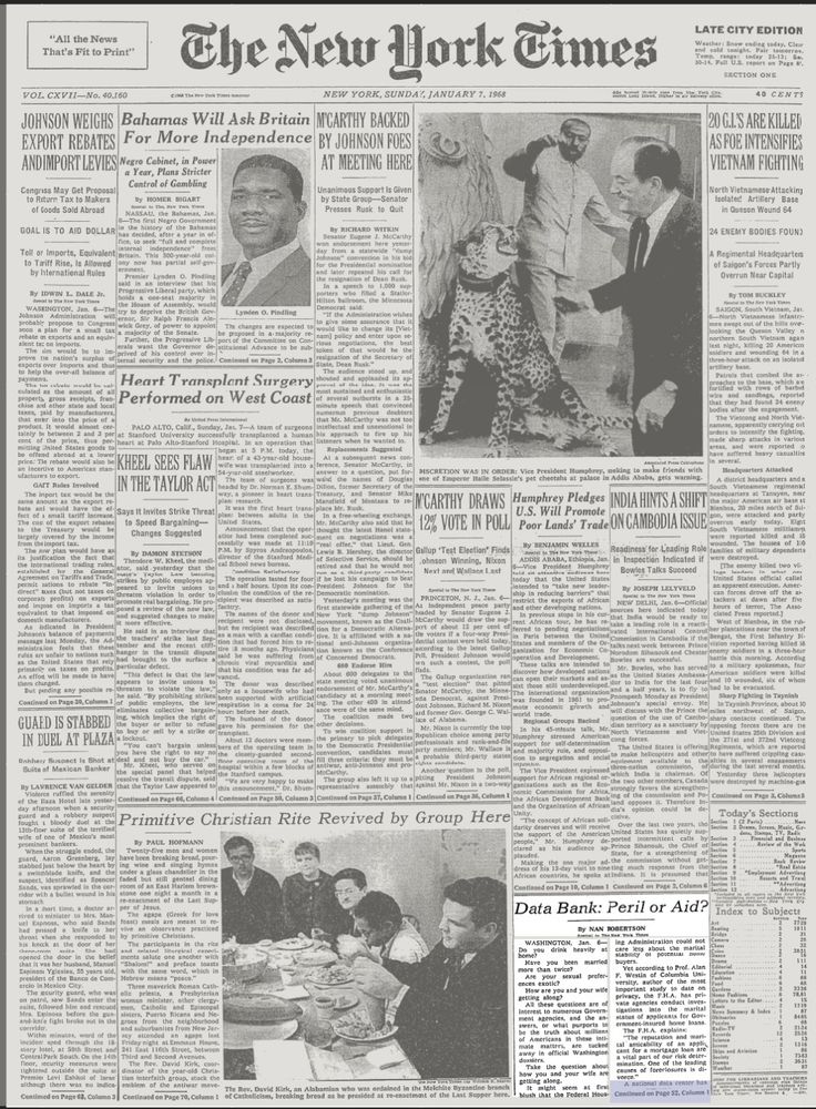 Picture of the front page of the New York Times on January 7, 1968. At the bottom of the page, below news of the escalating Vietnam war and Senator Eugene McCarthy’s presidential ambitions, is an article titled "Data Bank: Peril or Aid?"