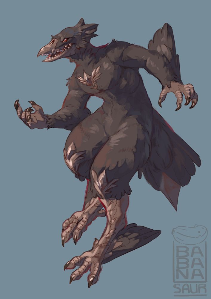 Art of a bird/crow person with skull like proportions and scales made of a golden metal.