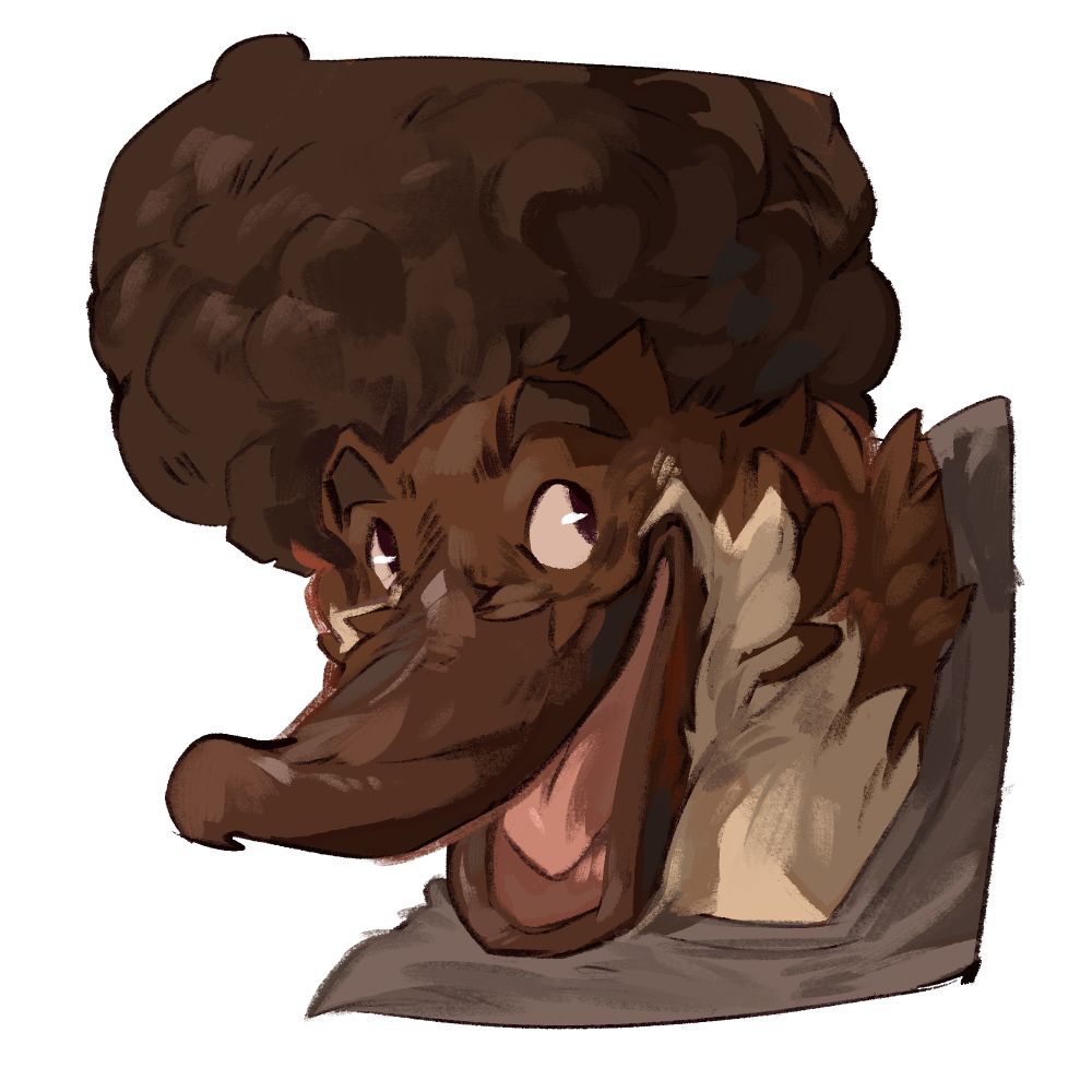 Bust of a platypus person with his mouth open smiling