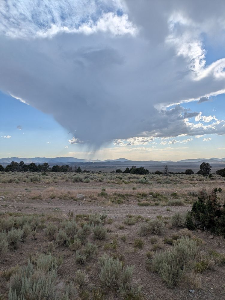 A large rain cloud in the distance floats over the western desert in the Great Basin. 