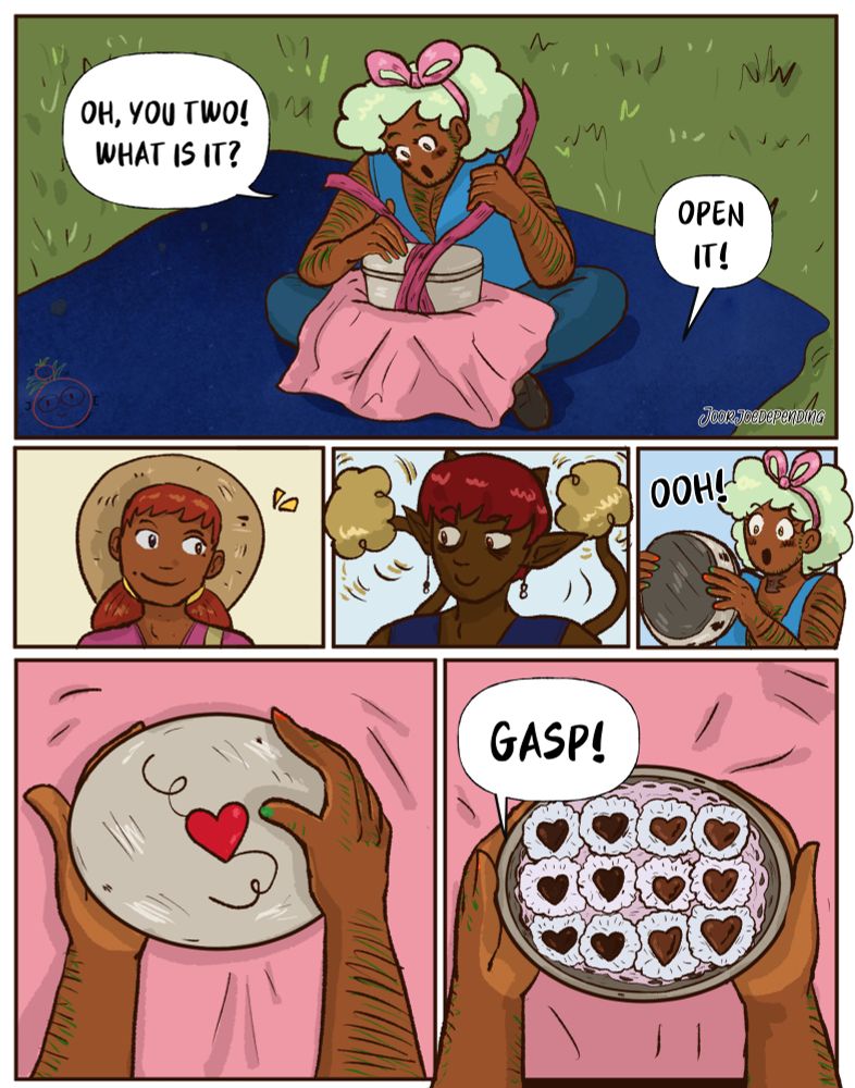 In the first panel, we see Jgorjers (George). Their sweet boo thang. He is unwrapping the gift they got him after selling at the market. "Oh, you two! What is it?" He asks. "Open it!" They say off screen. In the second and third panel, Erin and Kyle look at each other with anticipation. Kyle's tail is wagging. In the fourth panel, Jgorjers has successfully unwrapped the gift and is proclaiming, "Oooh!" In the fifth panel, we see it is a tin with a heart on it. In the sixth panel, Jgorjers opens it, showing rows of chocolates. "Gasp!" Jgorjers goes. 