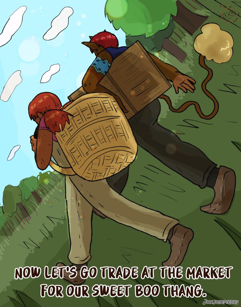 In this one page splash, Erin and Kyle go walking off through the forest each carrying their basket of fruits and dried squid. The words at the bottom read, "Now let's go trade at the market for our sweet boo thang." 