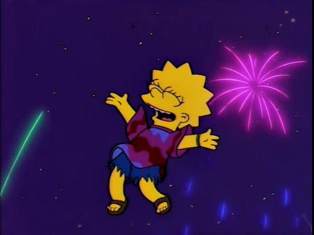 Lisa in "Summer of 4 ft. 2" being thrown in the air as fireworks light up the sky