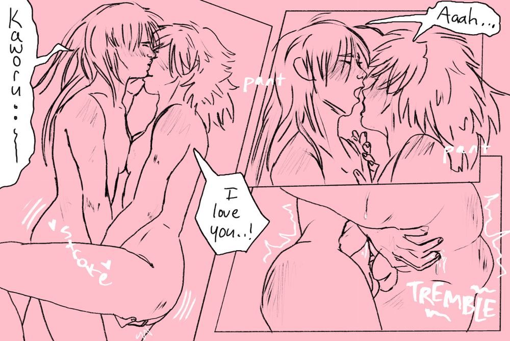 Comic panel of shinji and kaworu from evangelion rebuilds. They are trans girls and they are laying down frotting with Shinji's fingers up Kaworu's ass. Kaworu is jacking them both off. They are saying things such as "I love you!" and "aahh" and other things cute girls say <3