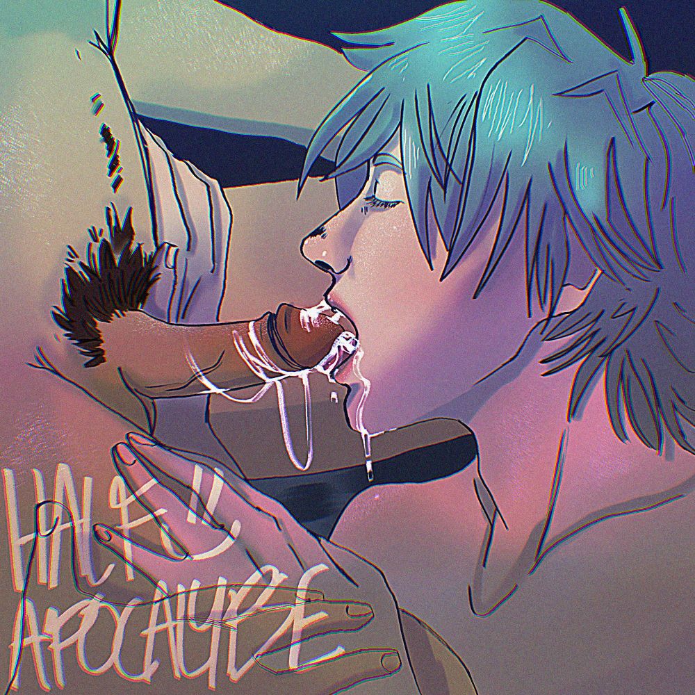 Side profile of Kaworu Nagisa sitting between Shinji Ikari's legs sucking him off. The tip of Shinji's dick is resting on Kaworu's tongue and there's a mix of cum and saliva dripping down Kaworu's mouth. You can see them holding hands on top of Shinji's thigh in the bottom left corner, and there's a purple & blue hue to the painting. The lights appear to be dim. Kaworu's eyes are closed and he looks like he's savoring the moment.