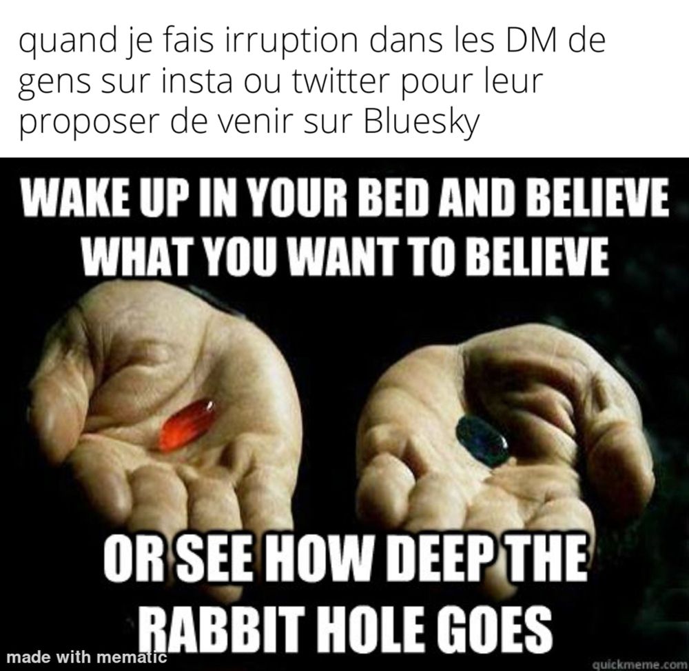 quand je fais irruption dans les DM des gens sur insta ou twitter pour leur proposer de venir sur Bluesky je me sens comme Morphéus de Matrix, dealant des pillules bleues et rouges cheloues à des gens qui me prennent pour un zinzin de première.