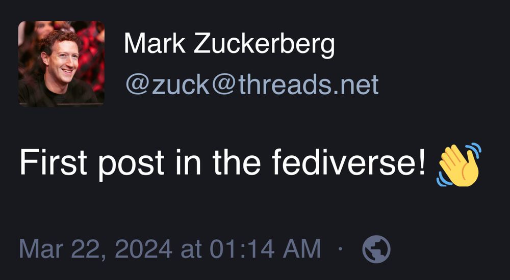 le premier post de Zuck via threads dans le fediverse de mastodon