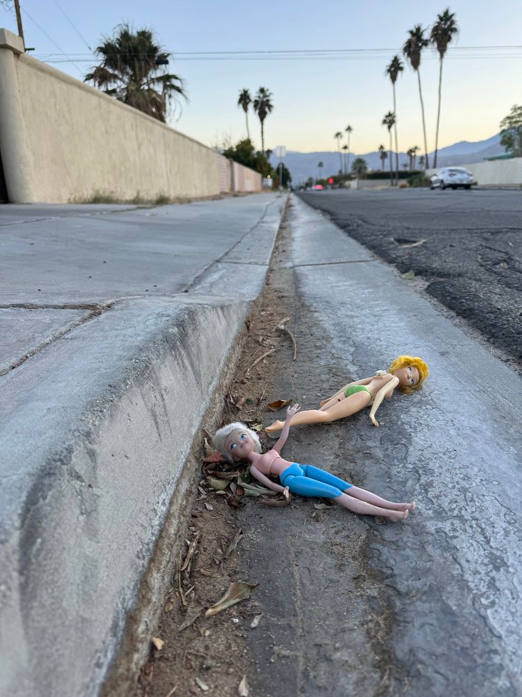 Two barbie dolls in the gutter. 
