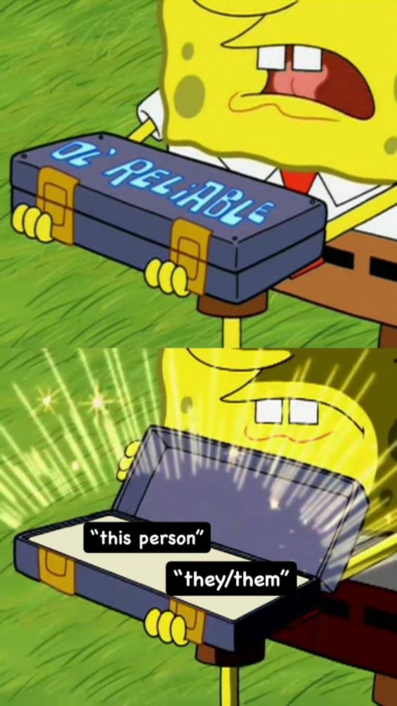 SpongeBob holding a case that says "ol' reliable"
It opens and inside it says "this person" and "they/them"