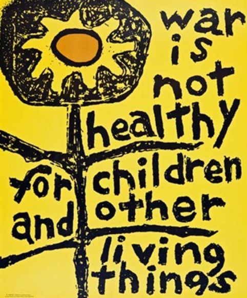 War is not healthy for children and other living things. A black sunflower on yellow background.