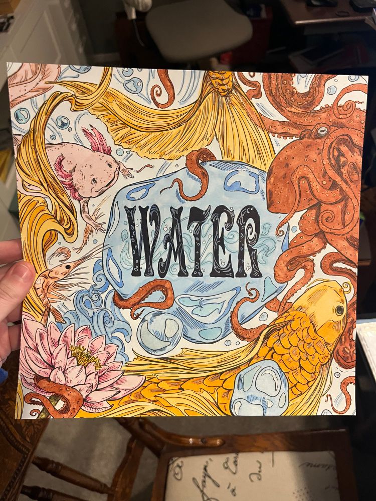 A colored page with the word “water” surrounded by flowers, koi fish, an octopus, shrimp, and lots of bubbles
