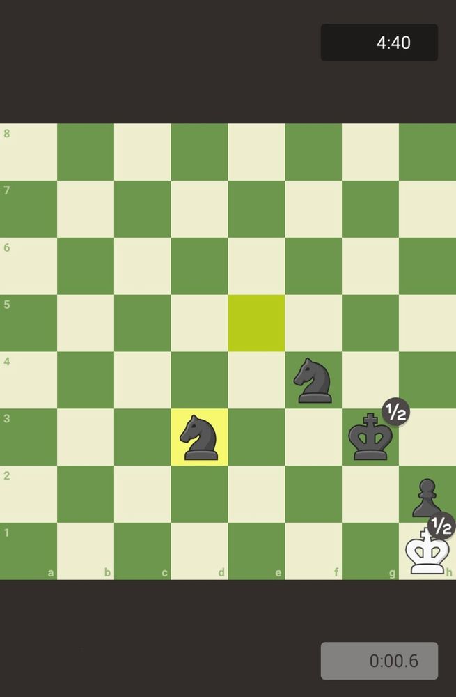 A chess board with two black knights, a black pawn on h2, a black king on g3, and a white king on h1.

White has been forced into a stalemate. Black has 4m40s on their clock. White has 00.6s left.