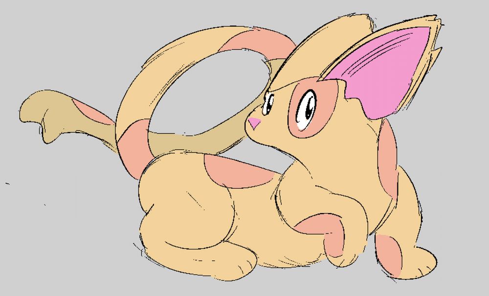 nameless mammal creature resembling a mustelid. it has big ears, a long body and tail, and salmon-colored spots on its orange body.