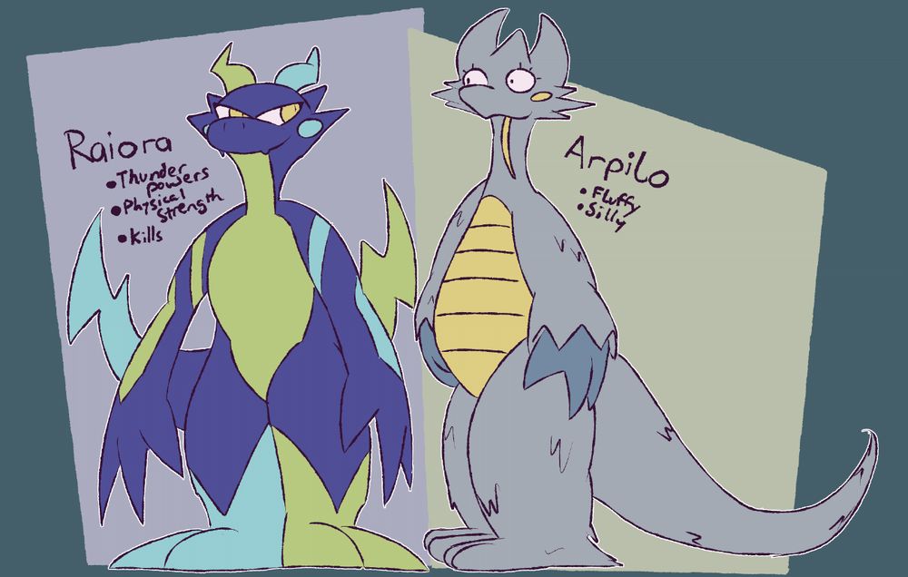 basic drawing of the dragons raiora and arpilo
raiora's perks: thunder powers, physical strength, kills
arpilo's perks: fluffy, silly