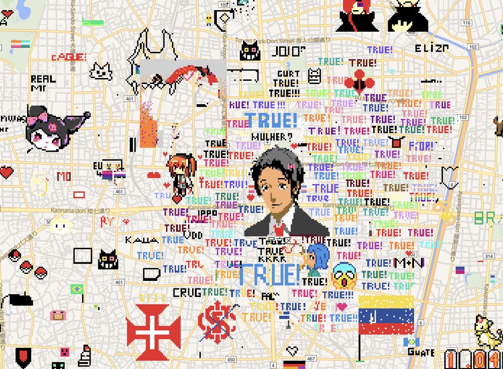 wplace adachi-ku has a picture of adachi from persona 4 surrounded by myriad "True!"s