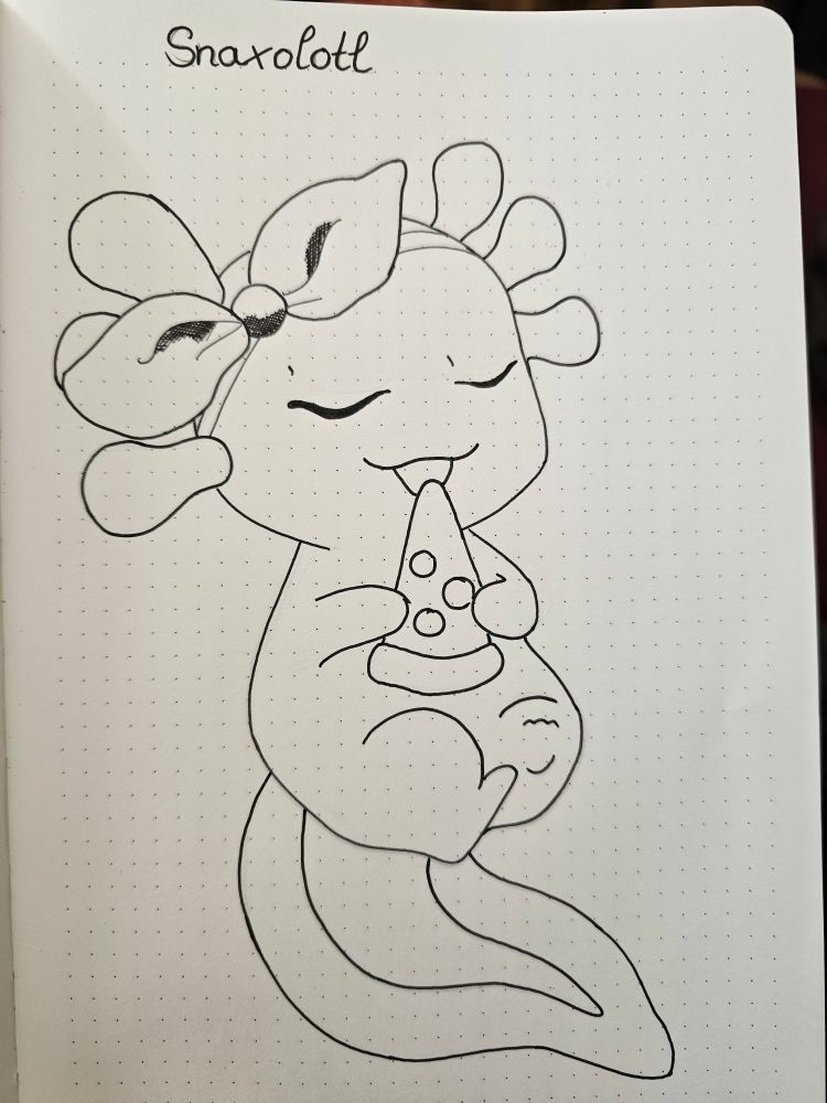 Ein Foto von einer gepunkteten Notizbuchseite.
Am oberen Rand steht: Snaxolotl.

Darunter wurde ein Axolotl gezeichnet im Chibistil. Es hat die Augen zu, den Mund geöffnet und hat ein Pizzastück zwischen den Händen. Außerdem trägt es ein geknotetes Haarband. Dort sind leichte Schatten angedeutet. 