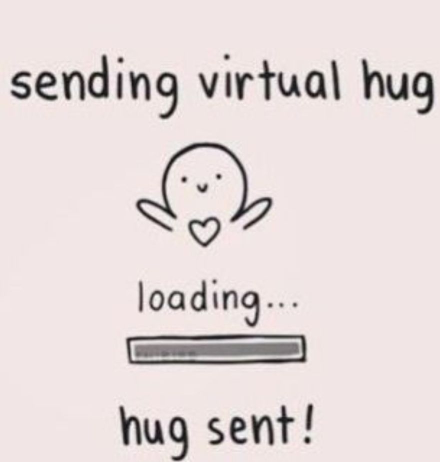 Strichmänchen mit Herz und ladebalken drumherum steht als Text: sending virtual hug, loading..., hug sent!