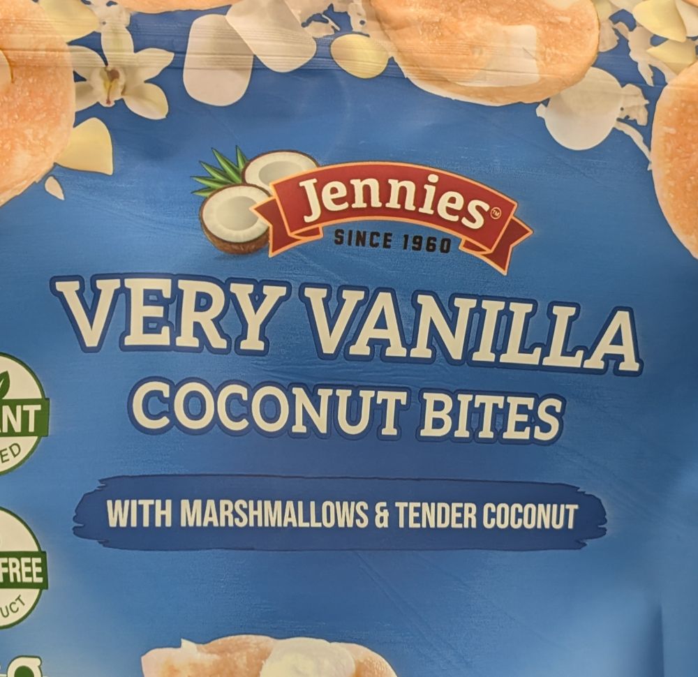Jennie's 
Since 1960
Very vanilla 
Coconut bites
With marshmallows & tender coconut 