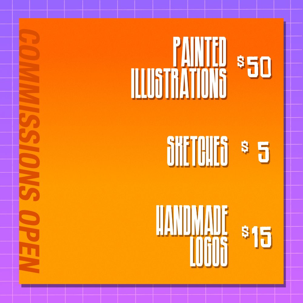 Painted Illustrations - $ 50 (50 Dollars / 50 Reais)
Sketches - $ 5 each (5 Dollars / 5 Reais)
Logos / Graffitis - $ 15 (15 Dollars / 5 Reais)