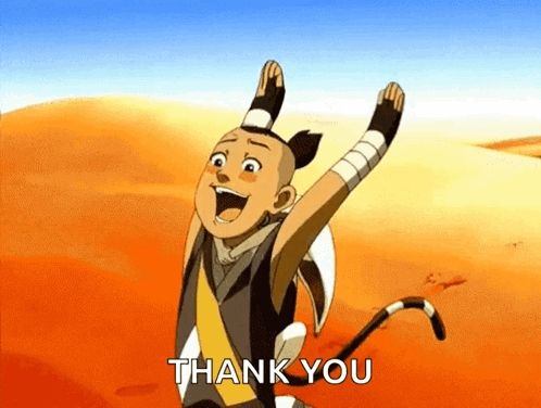 a cartoon character says thank you in front of a desert landscape