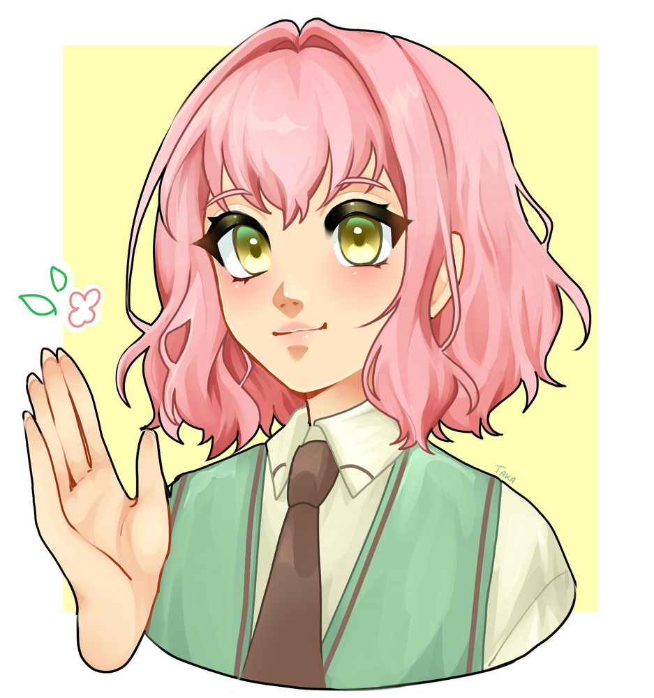 a digital drawing of urara haneyama, a character from cardfight vanguard who has  pink hair, yellow eyes and a green sweater vest over a pale yellow blouse