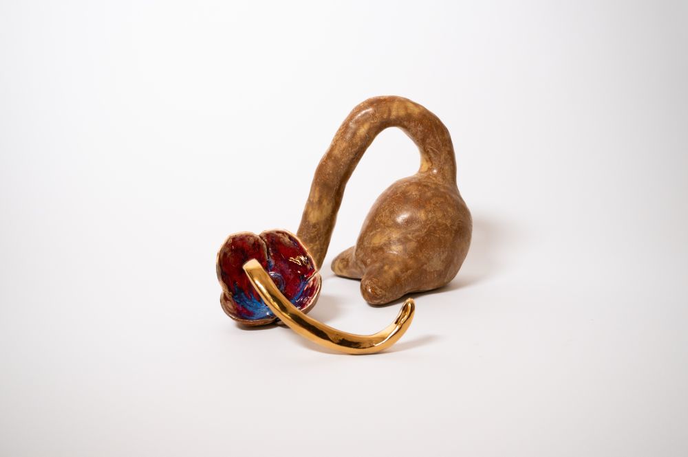 A gourd-like body with a snaking neck that falls to the ground. The head is a red and blue flower with a long, golden, stamen/tongue. The neck and tongue make a script L shape from this angle.