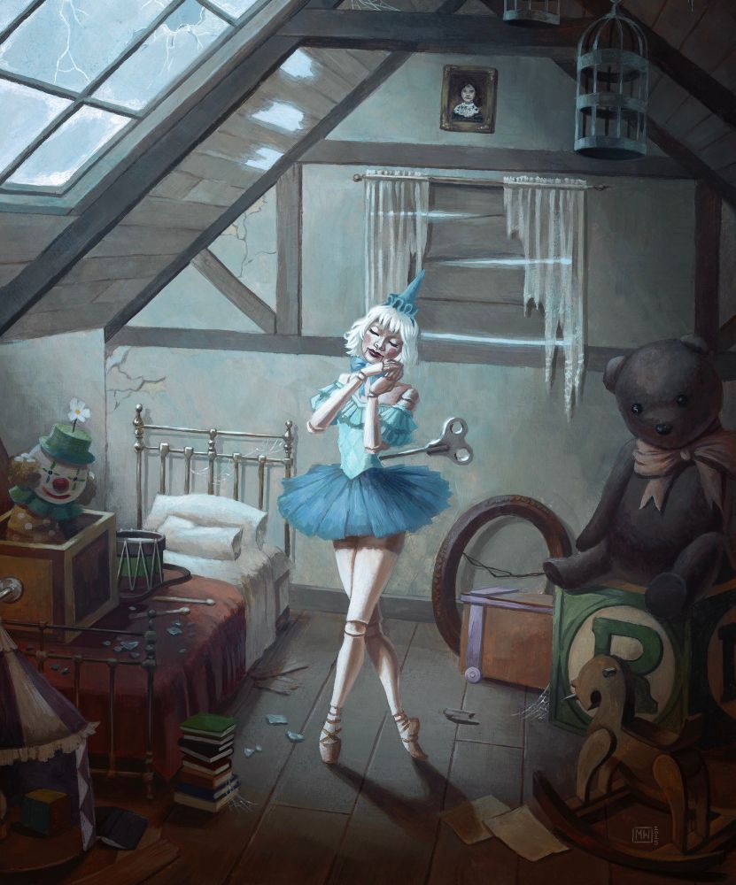 An acrylic painting of a ball jointed doll in a dusty attic. She has short white hair and is wearing a blue circus type outfit. She has a wind up key sticking out of her back. She is posed mid-step in a dance. The attic has a broken window on the slanted roof. She is surrounded by dusty toys, books, and a bed covered in broken glass. 