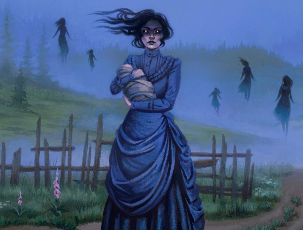 A woman stands menacingly in the middle of a field. She wears a dark Victorian dress. The top half of her face is darkened in shadow, and her eyes are glowing red. Her hair floats above her. In her arms is a bundled up infant.

There is a broken down wooden fence behind her. She is surrounded by fog with a forest off in the horizon. Dark shapes of floating figures emerge from the mist. 
