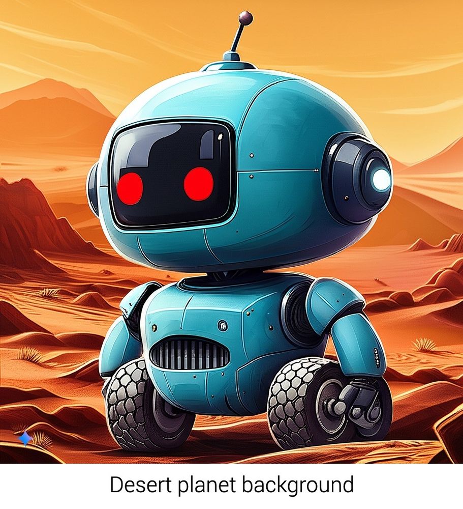 A cute blue robot with an antenna and wheels for legs on a desert planet