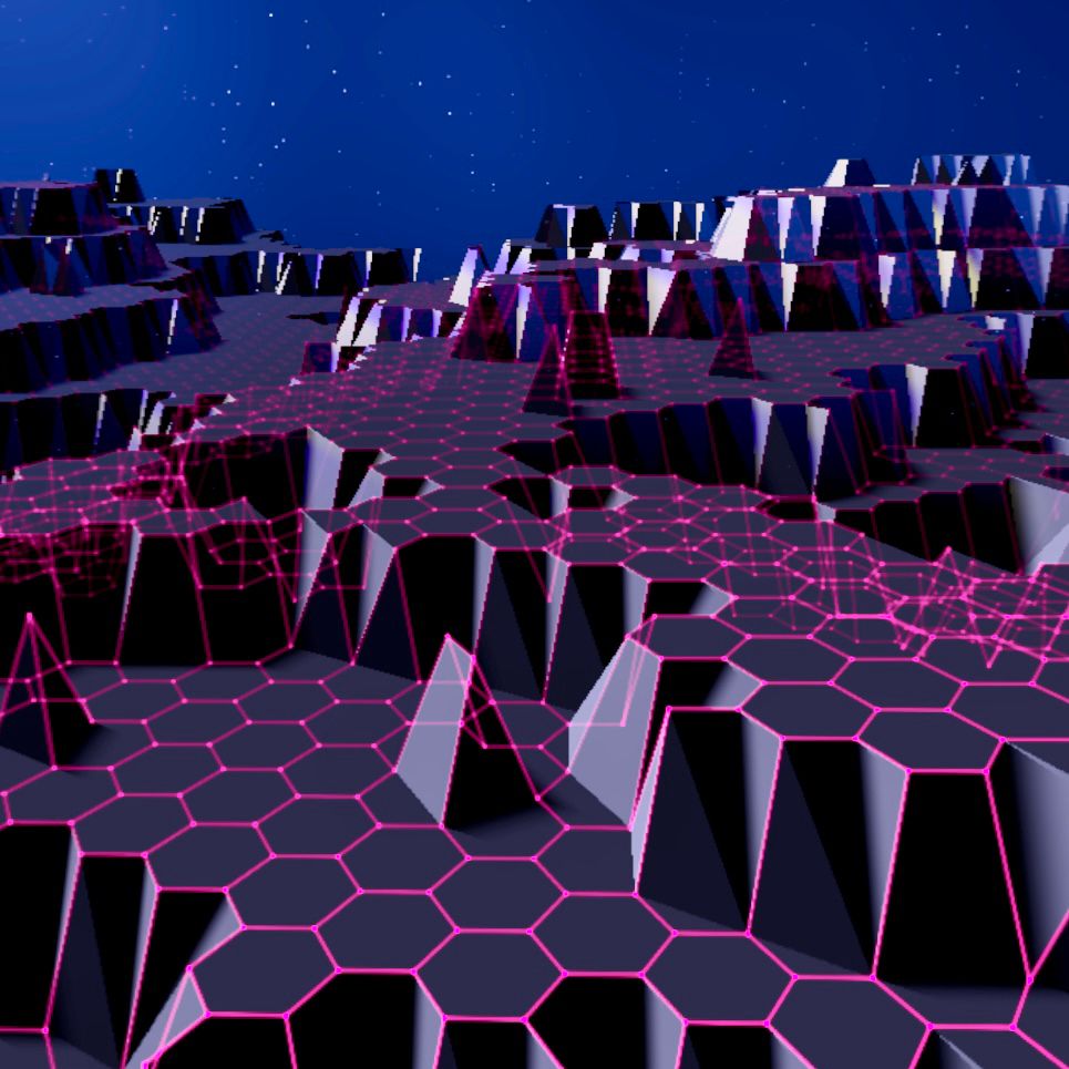 A dark stylized neon grid landscape tiled by purplish pink hexagons. There’s no message, just a lot of hexagons. Oh.. and a starry night sky.