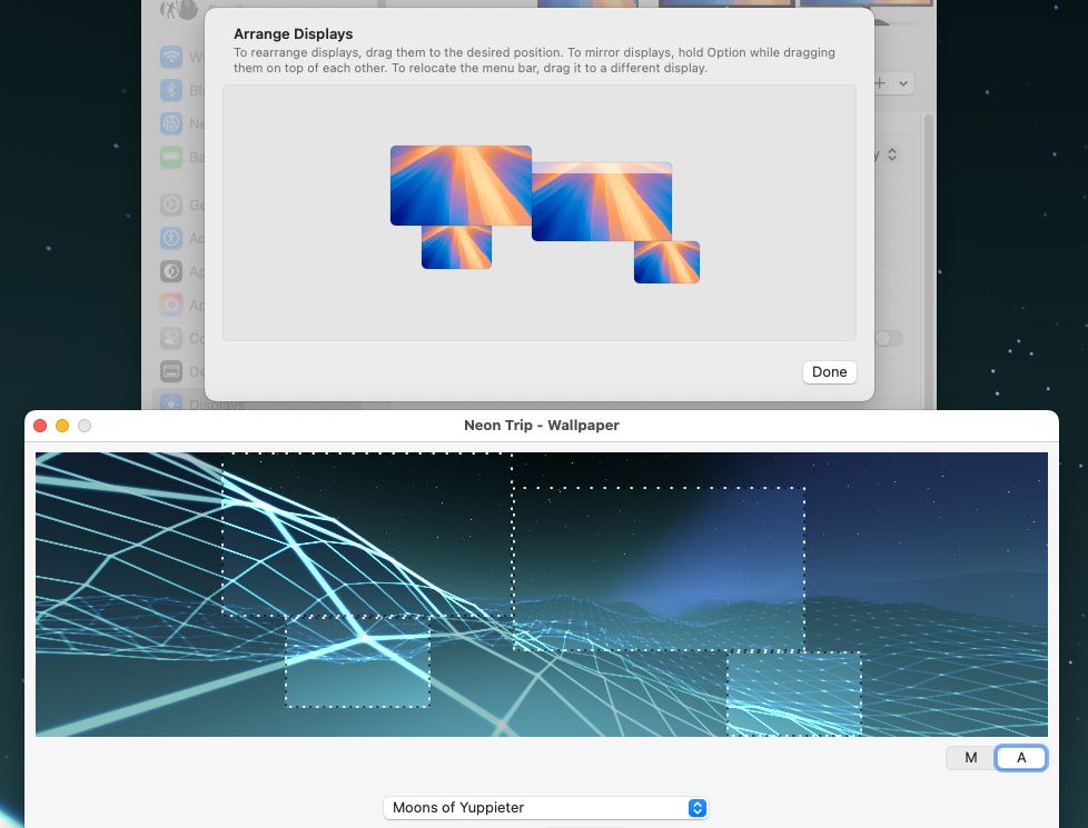 A screenshot of two windows on macOS. One showing the Arrange Display settings view and another showing Neon Trip - Wallpaper with a preview image overlaid with frames outlining the same display arrangement.