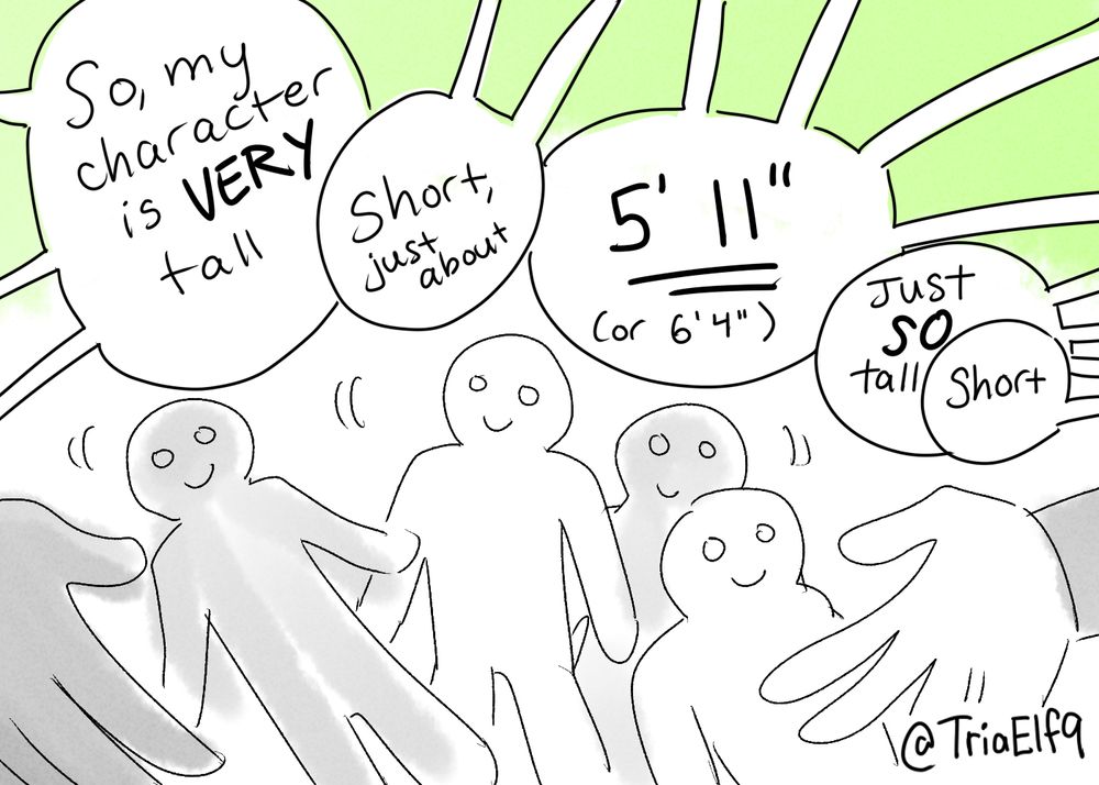 a doodle of hand pushing blank characters into a pile saying "So my character is VERY tall/short, 5'11'' (or 6'4'') Just SO tall/short"