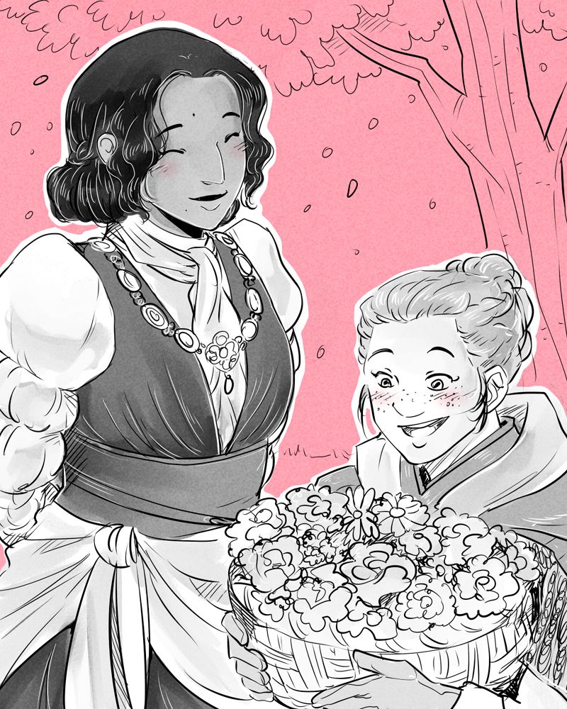 A grayscale with spot color drawing of Josie gifting Harding a huge basket of flowers.