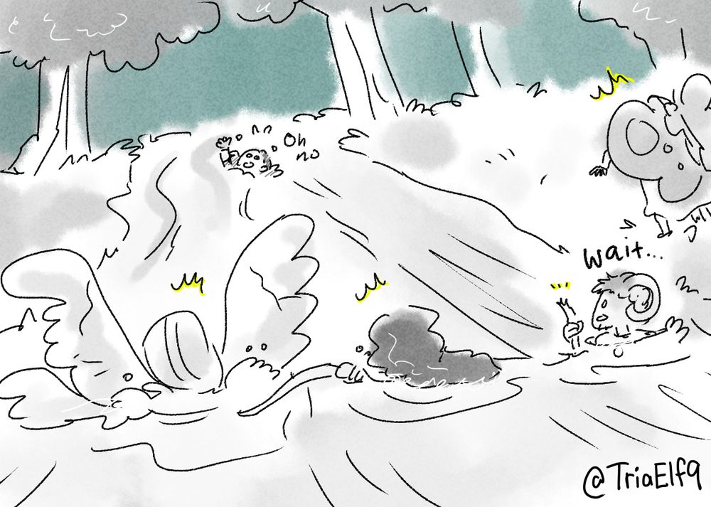 A grayscale drawing of everyone noticing as Idyl is way down the river, panicking