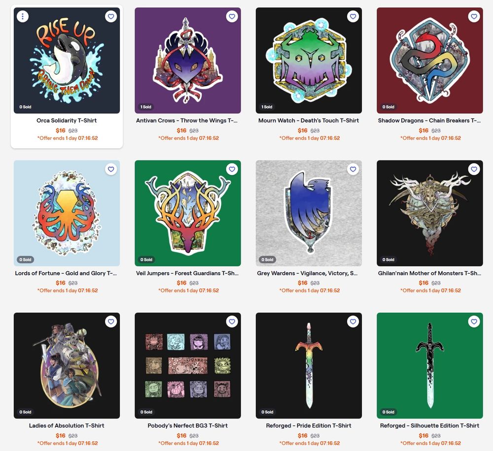 A screenshot of my designs in the TeePublic store, including Dragon Age, and pride items
