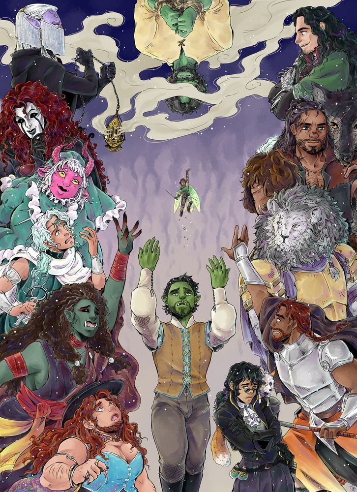 A very large illustration of all 13 of the main cast all with their reactions to Thjazi's execution. The designs are different from the canon ones, some more than others.