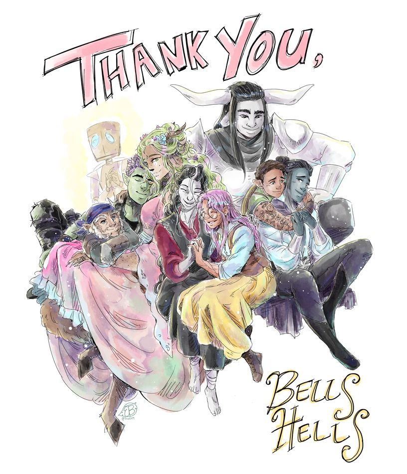 A colored illistration thank you Bells Hells drawing. They're in carious cuddle piles, some more romantic than others, with Imogen and Laudna in the center, Dorian and Orym to the right, Braius behind them, and Ashton, Fearne and Chet together. A glowing FCG is behind them in spirit.