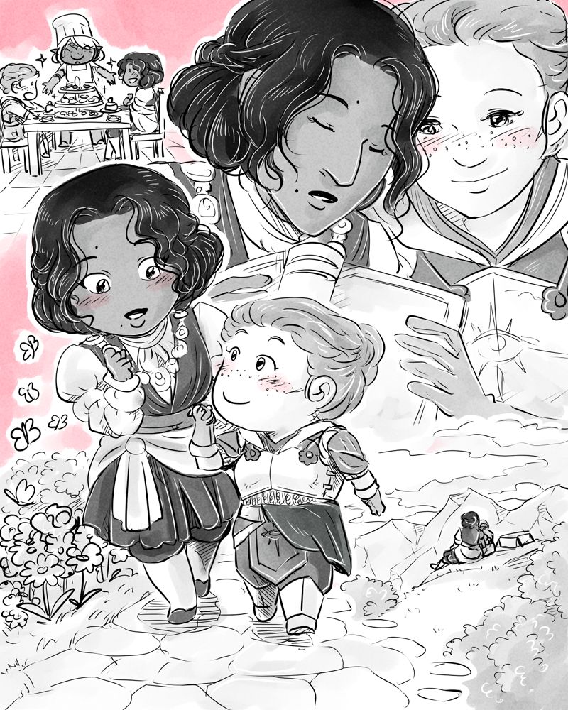 A grayscale with spot color drawing of a compilation of Harding and Josie doing cute date things