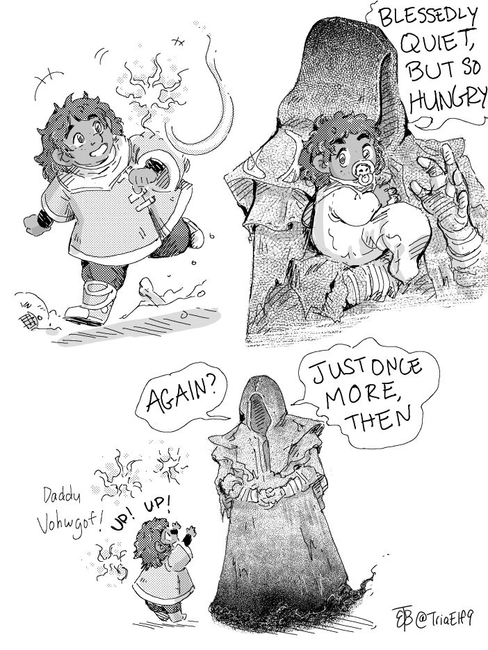 grayscale doodles of a young Ronan (my Rook) being raised by the Mourn Watch and mostly Vorgoth