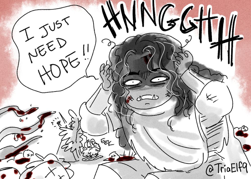 a grayscale drawing of blood and chaos all around Brixton and she's distressed saying "I JUST NEED HOPE!!"