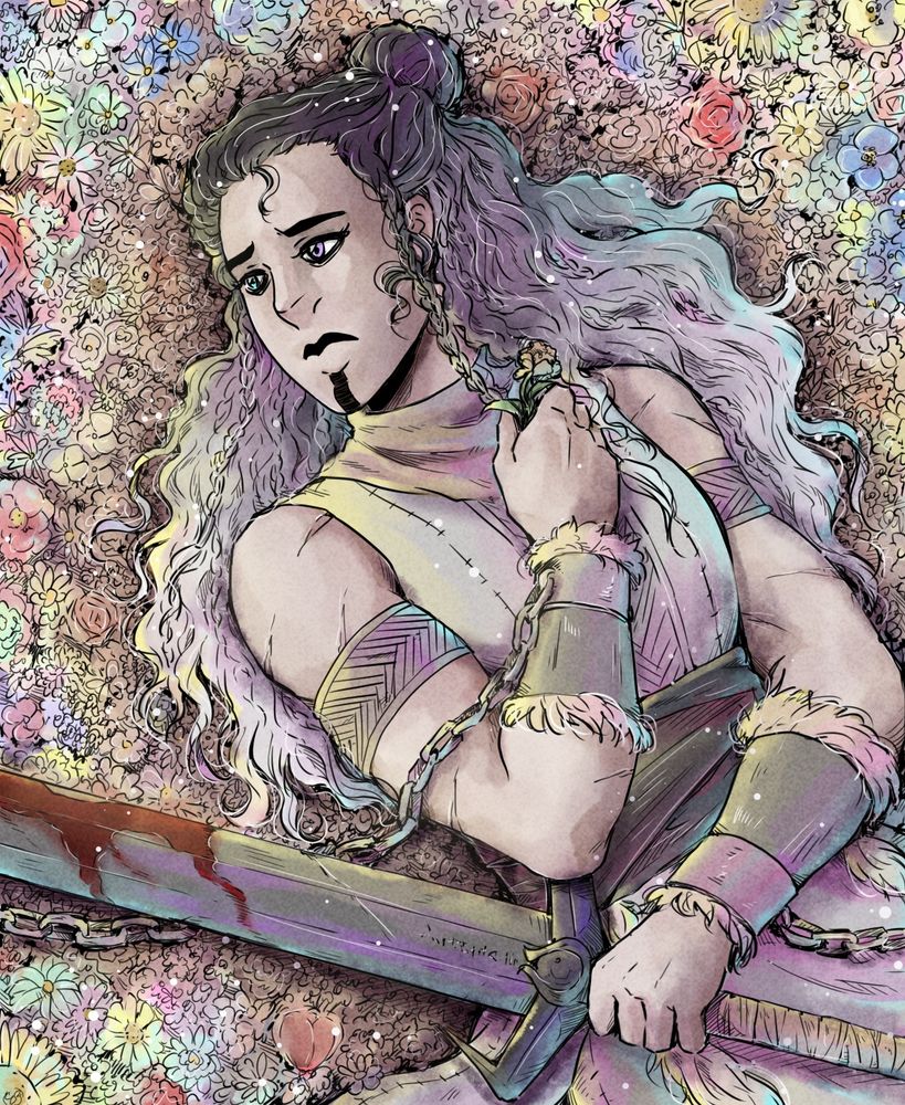 An illustration of Yasha, chained, lying on a bed of flowers, blood on her sword