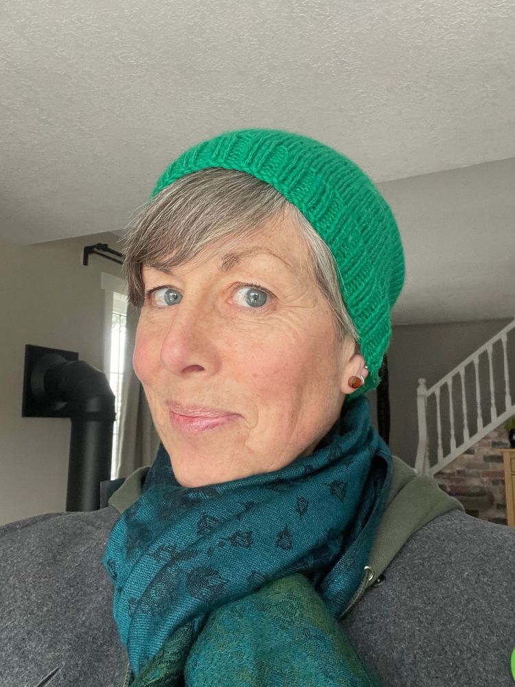 Me, the Green Party candidate for Lethbridge, wearing a green hoodie, a green toque, and a green scarf. So, so Green.