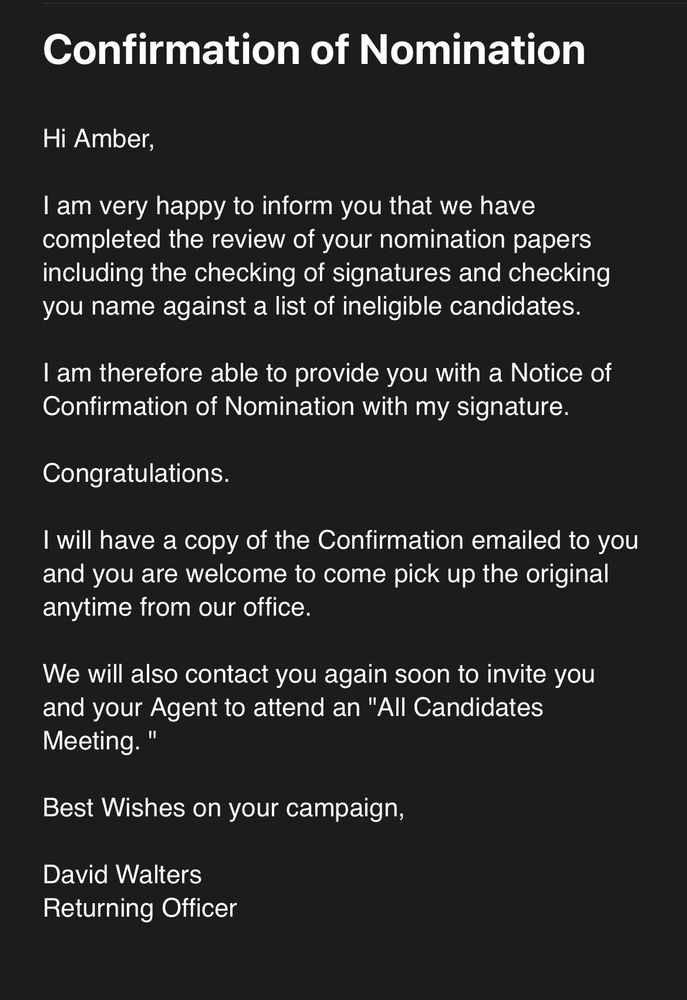 A letter from the federal returning officer in Lethbridge confirming the nomination of Amber Murray, federal Green Party Candidate for Lethbridge 2025