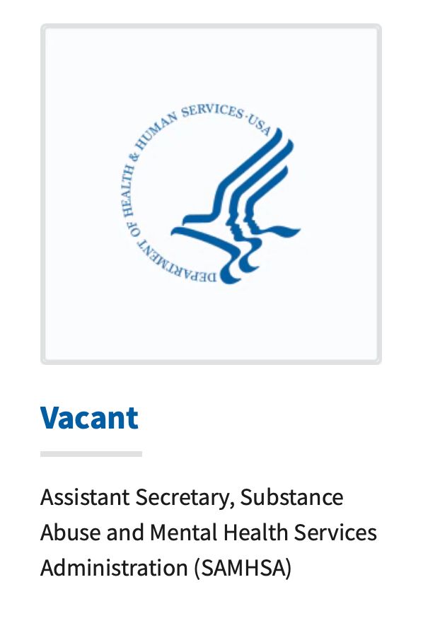 A screenshot from the "Leadership" page on HHS's website, showing the holder of the position Assistant Secretary, Substance Abuse and Mental Health Services Administration (SAMHSA): Vacant.