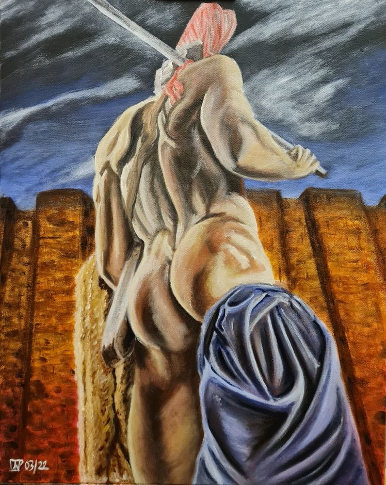 A man, in imposing upward view from behind with a blue cloth against his right leg, and holding a sheepskin cloak in his left arm, a sword held in his right hand, slung over his right shoulder, stands before some large gates, against a darkening sky, with ominous clouds. The gates are wooden but toward the bottom seem redder, suggestive of the blood of Greek and Trojan warriors. 