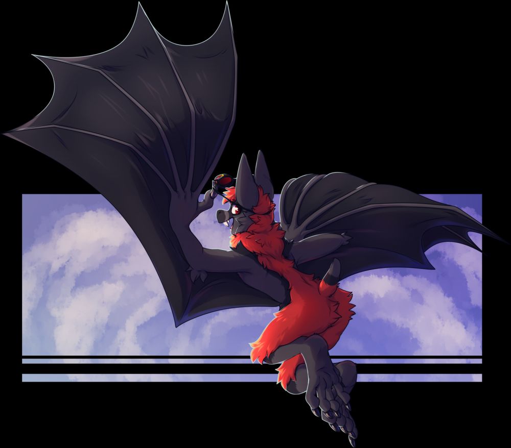 Art of Kofi bat flying away from the viewer and looking over his shoulder 