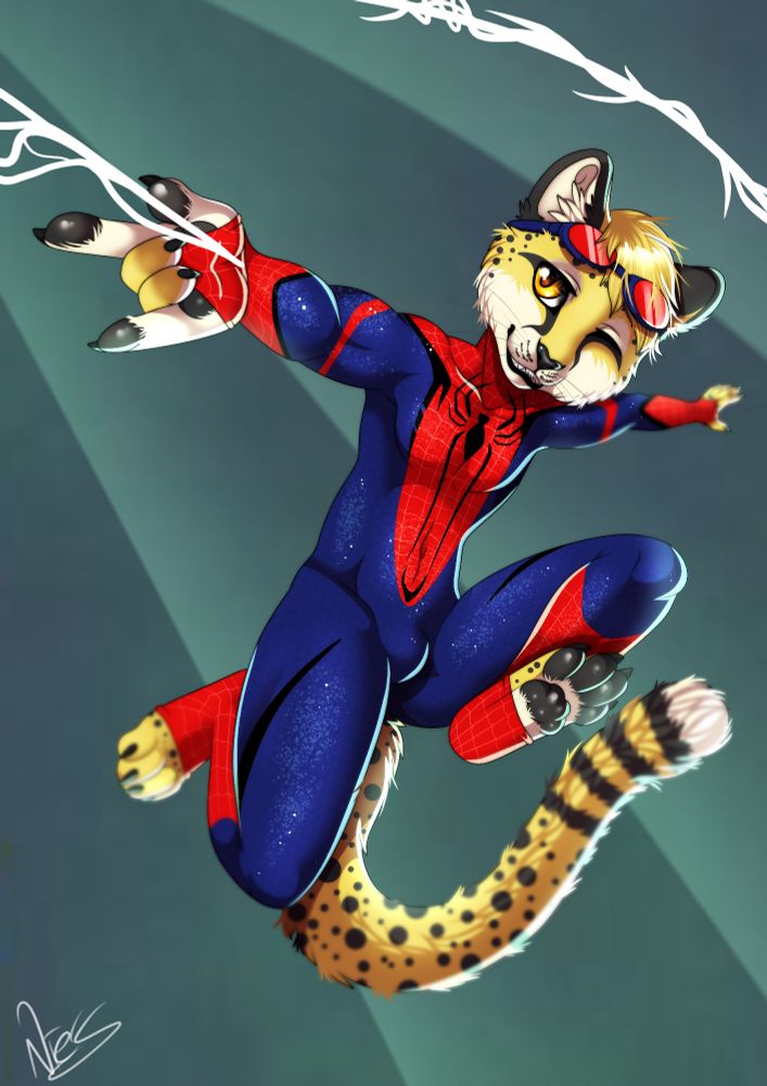 Art of Obscura in a Spider-Man costume swinging along on a web