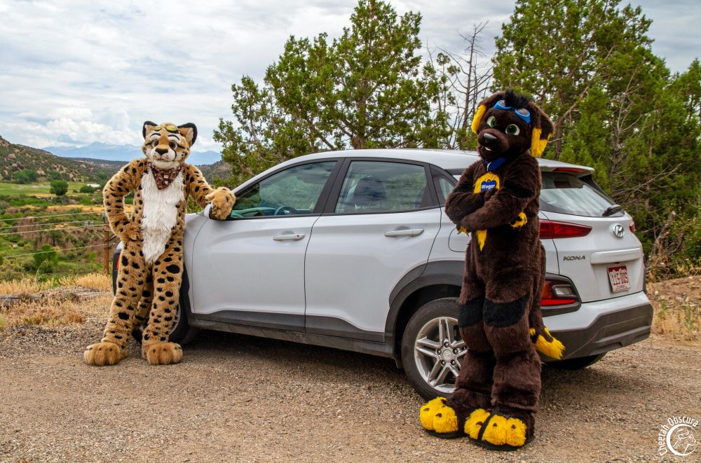 Fursuit photo of Obscua and Woger standing beside a white Hyundai Kona parked in front of a Colorado landscape with several trees in the foreground and scrub covered hills behind