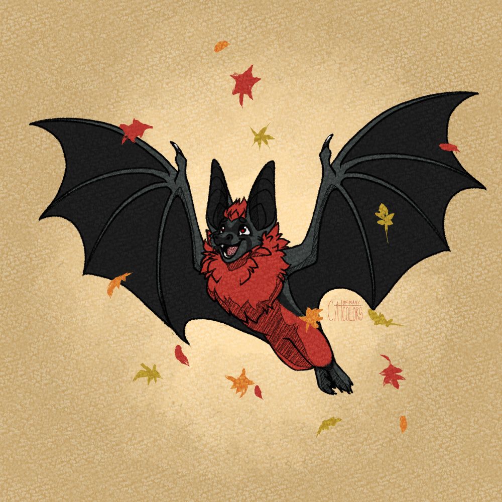 Art of Kofi bat flying though falling autumn leaves