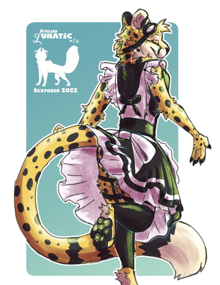 Back view art of Obscura wearing a black and white maid dress and showing off a footpaw